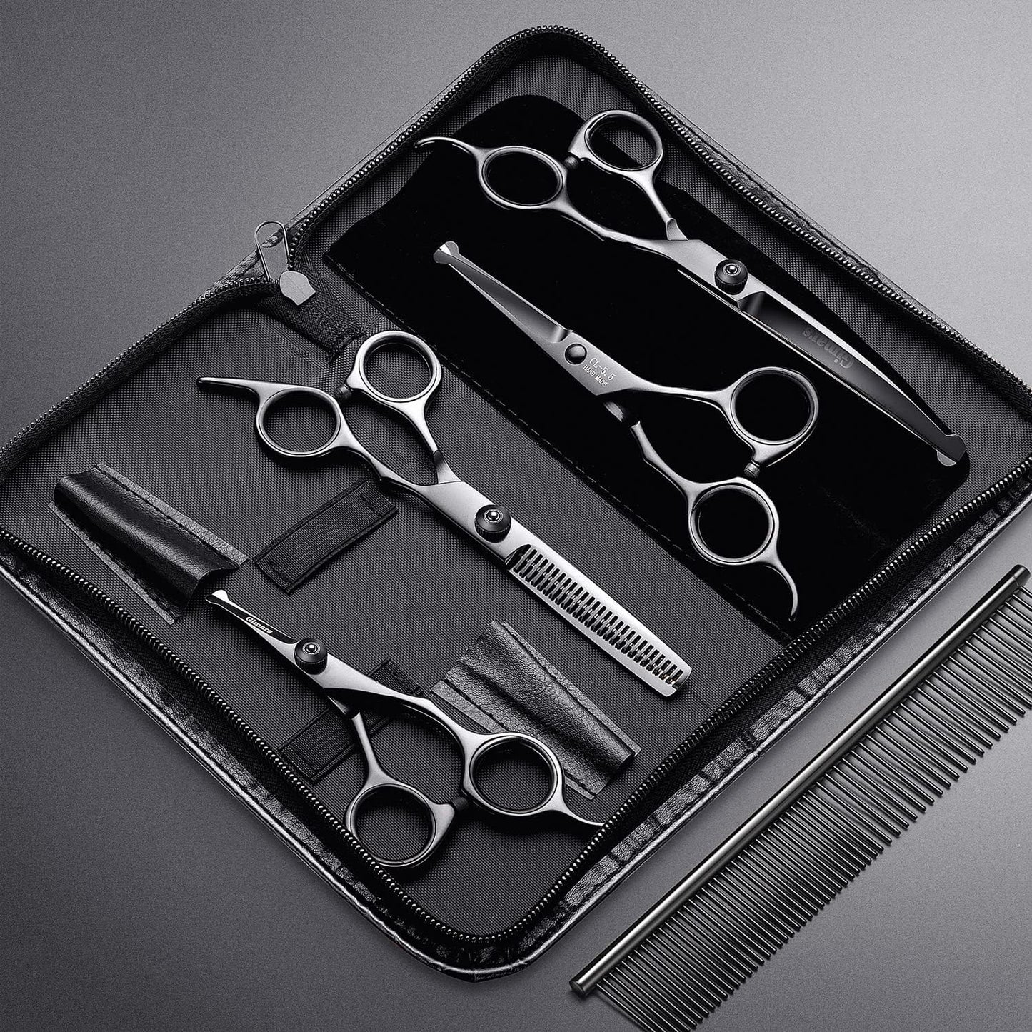 4CR Stainless Steel Safety round Tip 6 in 1 Professional Dog Grooming Scissors Kit, Heavy Duty Titanium Coated Straight & Thinning & Curved Shears & Comb Set for Dog & Cat Grooming