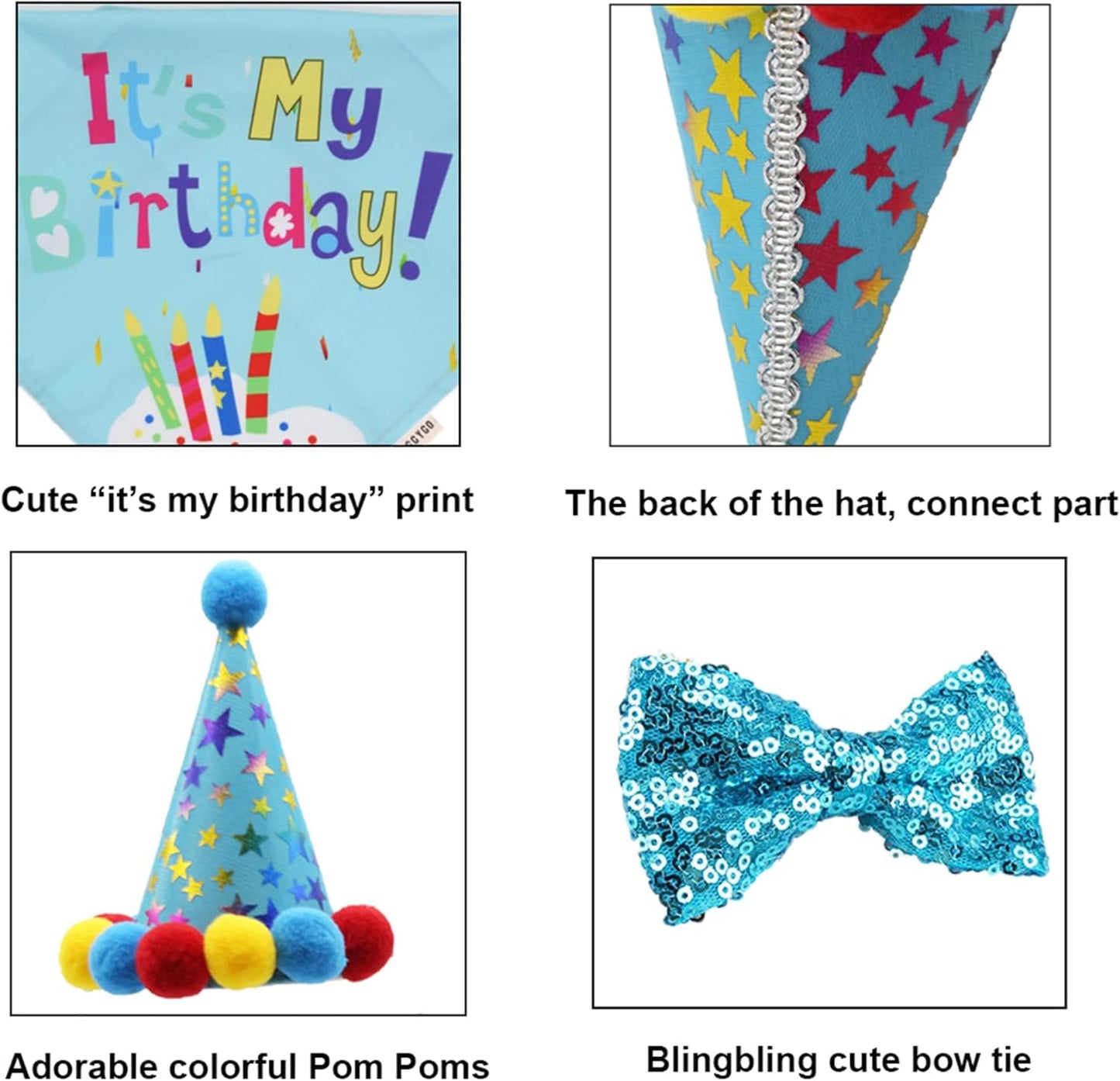 Dog Birthday Bandana Scarf and Dog Girl Boy Birthday Party Hat with Cute Dog Bow Tie Collar for Small Medium Dog Pet