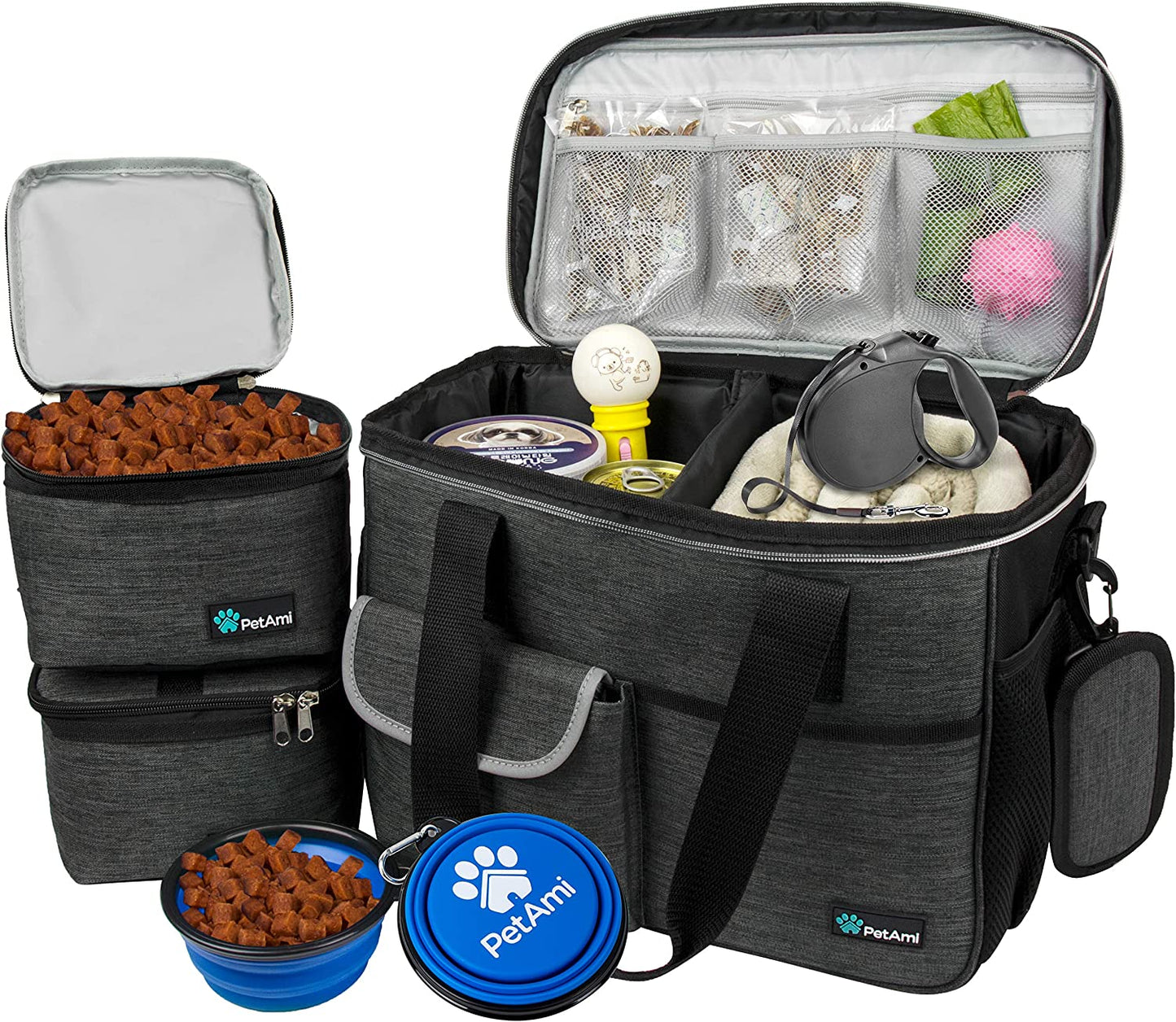 Dog Travel Bag | Airline Approved Tote Organizer with Multi-Function Pockets, Food Container Bag and Collapsible Bowl | Perfect Weekend Pet Travel Set for Dog, Cat