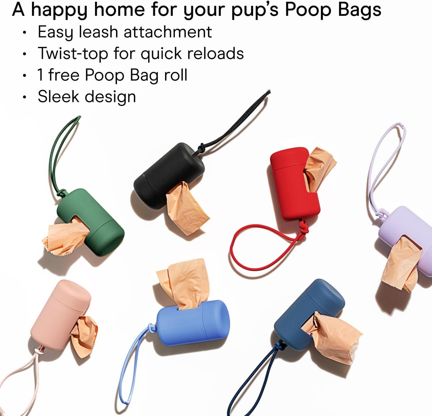 Poop Bag Holder and Dispenser for Dogs with Leash Attachment, Leak Proof, Easy Twist Top for Refills, Includes 1 Roll, Black