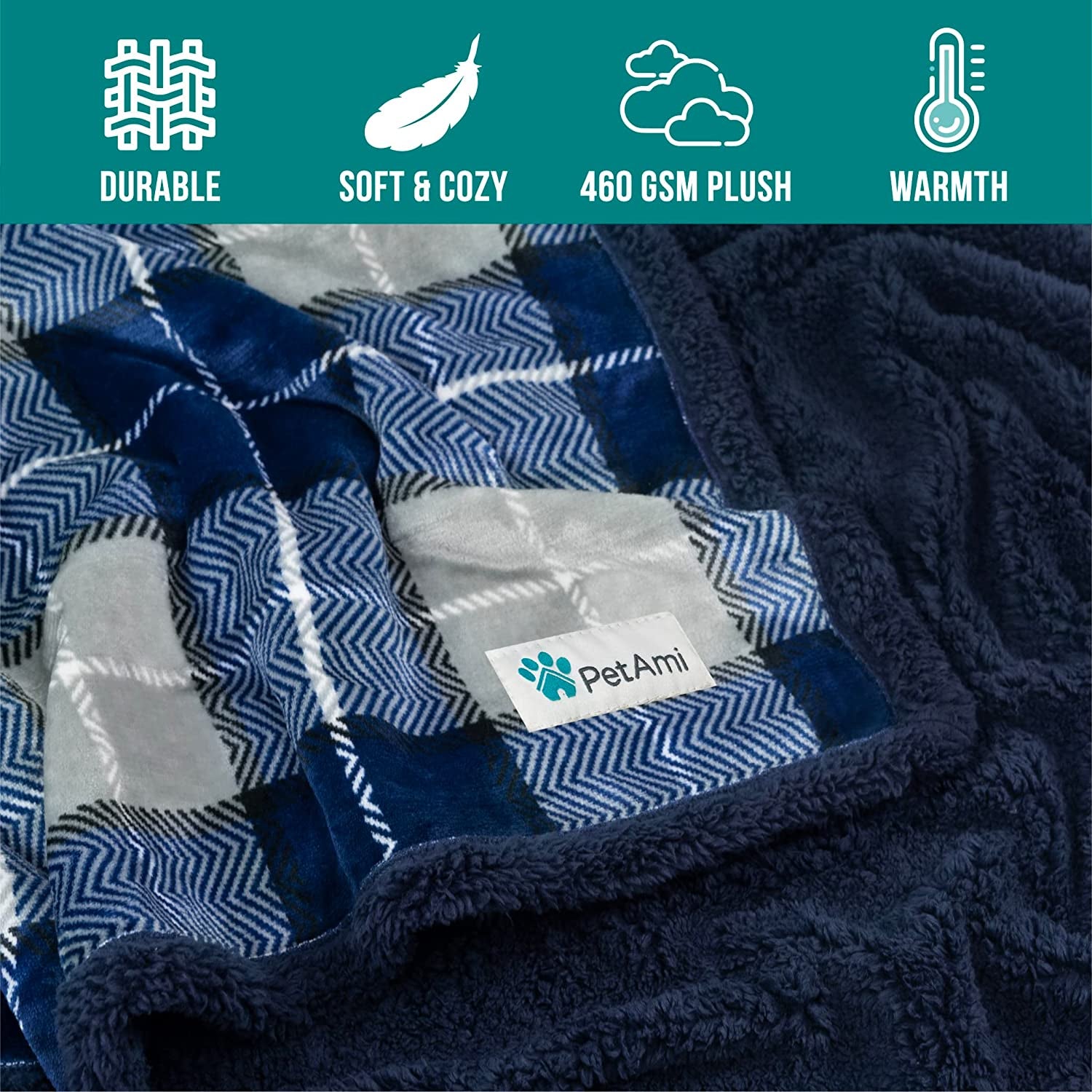 Dog Blanket, Plaid Sherpa Dog Blanket | Plush, Reversible, Warm Pet Blanket for Dog Bed, Couch, Sofa, Car (Navy, 60X80 Inches)