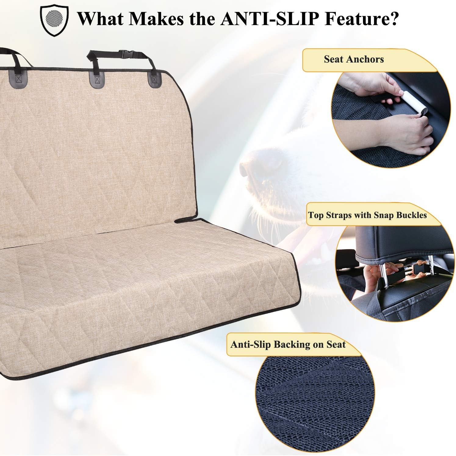 Dog Seat Covers, Dog Backseat Cover Pet Bench Protectors with Anti-Slip Backing, Back Seats Cover Rear Seat Covers Car Seat Cover for Dogs, Heather Khaki, 46" L * 52" W