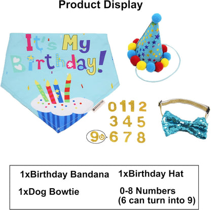 Dog Birthday Bandana Scarf and Dog Girl Boy Birthday Party Hat with Cute Dog Bow Tie Collar for Small Medium Dog Pet