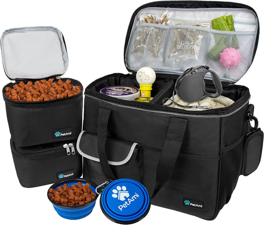 Dog Travel Bag | Airline Approved Tote Organizer with Multi-Function Pockets, Food Container Bag and Collapsible Bowl | Perfect Weekend Pet Travel Set for Dog, Cat