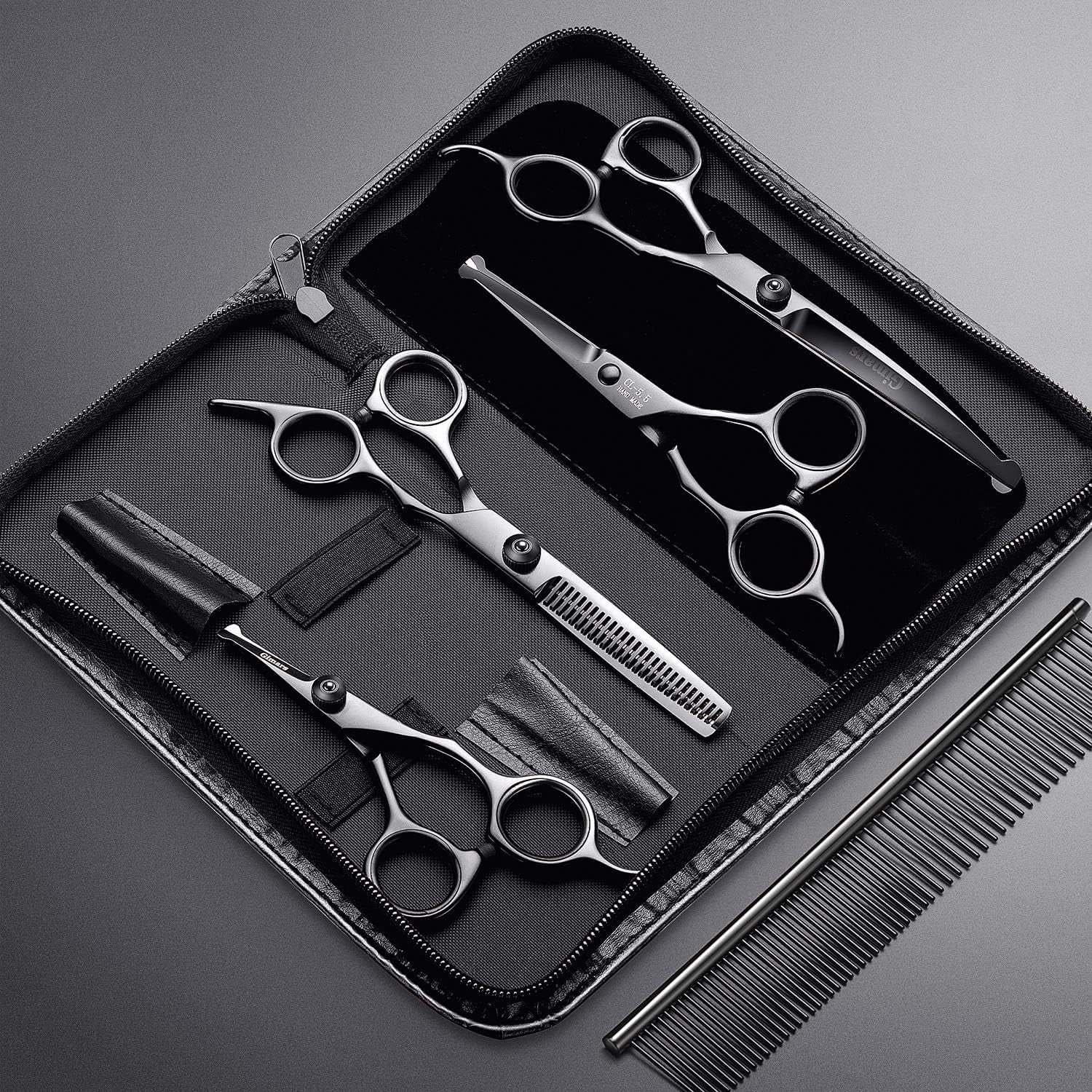 4CR Stainless Steel Safety round Tip 6 in 1 Professional Dog Grooming Scissors Kit, Heavy Duty Titanium Coated Straight & Thinning & Curved Shears & Comb Set for Dog & Cat Grooming